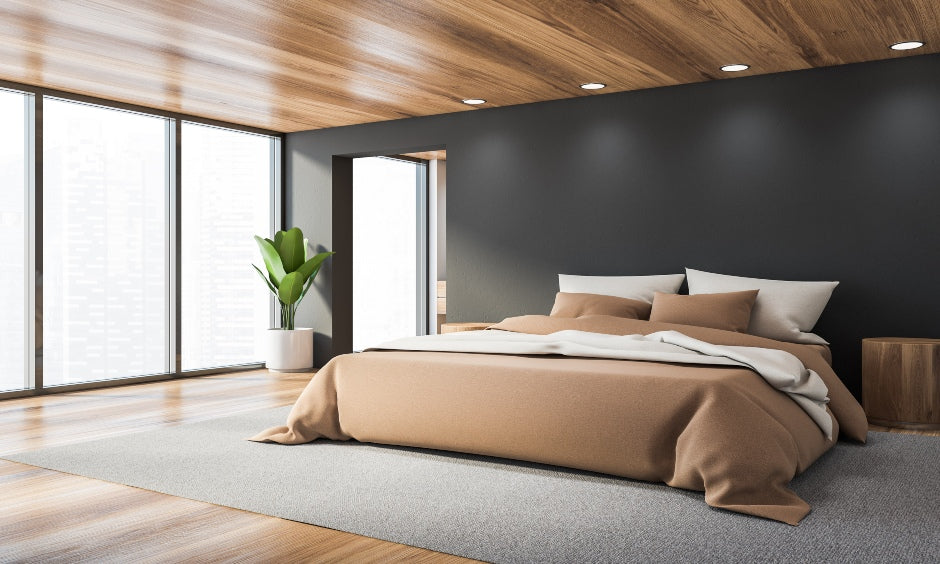 Modern bedroom with wood floor