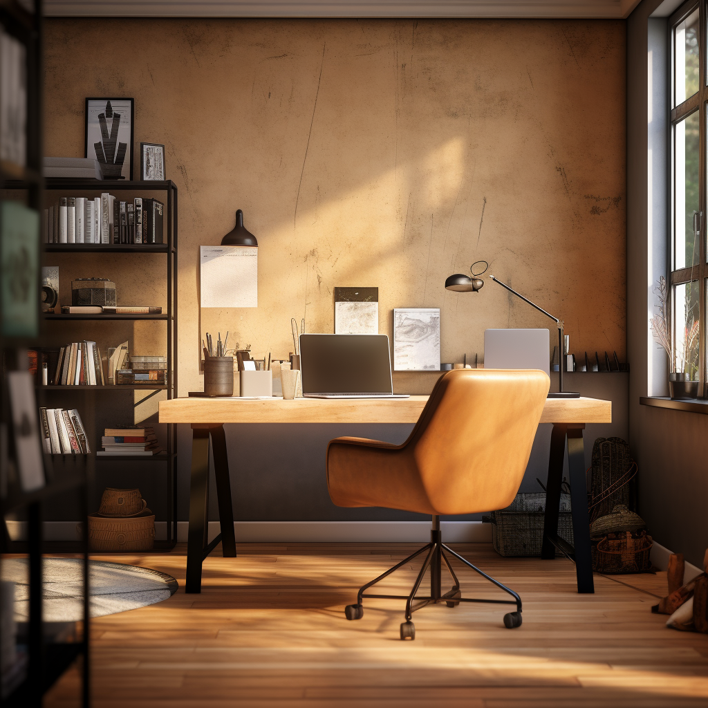 Classic office space featuring a leather chair, minimal yet functional design, and a bookshelf with curated reading material.
