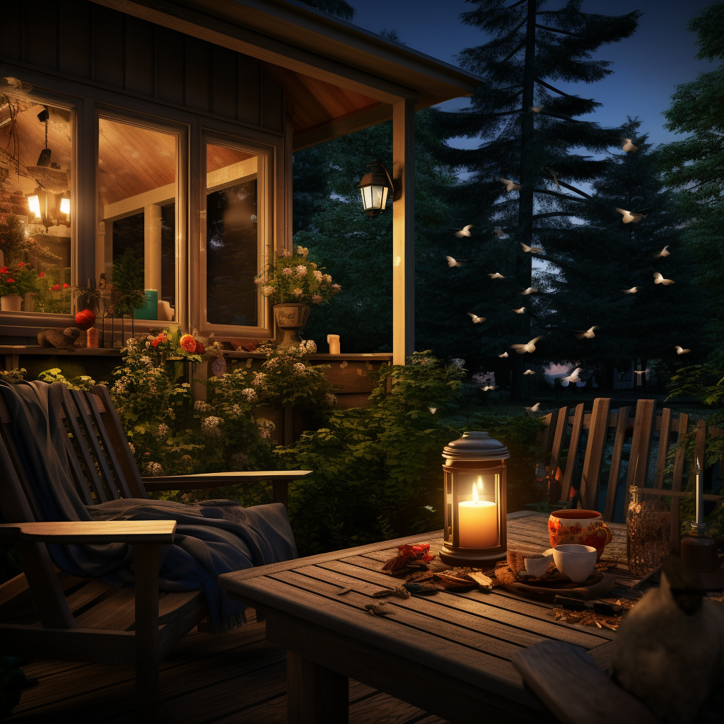 Outdoor patio setting illuminated by candlelight, featuring wooden furniture and a cozy, inviting ambiance.
