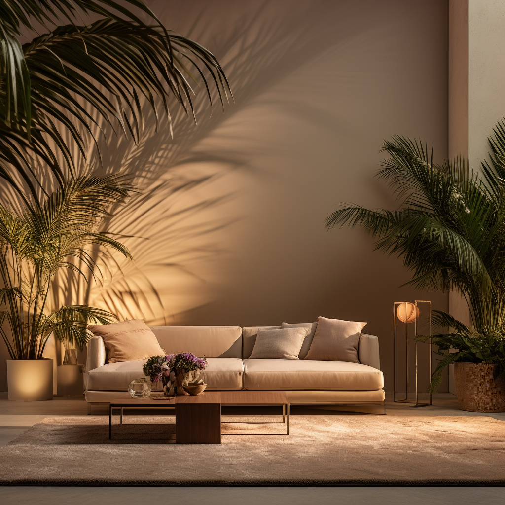 Warmly lit living room featuring a cream-colored couch and tall indoor plants, creating a cozy and inviting atmosphere.