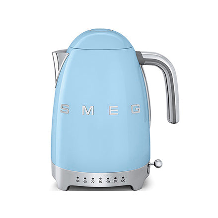 Side view of blue Smeg kettle