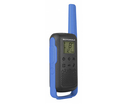Side view of blue Motorola walkie talkie