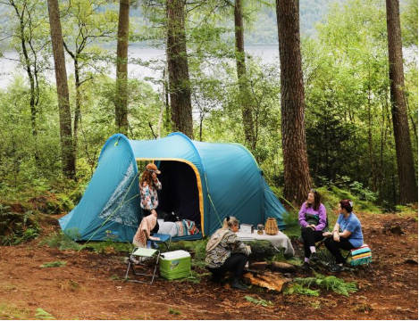 Woodland campsite with blue Vango tent