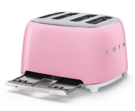 Blue Smeg toaster with crumb tray pulled out