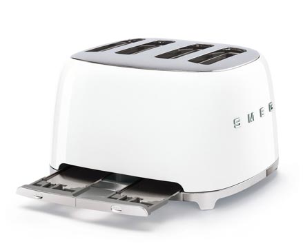 Blue Smeg toaster with crumb tray pulled out