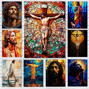 Stain Glass Jesus Posters Christian Abstract Prints Canvas Painting Religion Wall Art - Retiredgrma60gmail