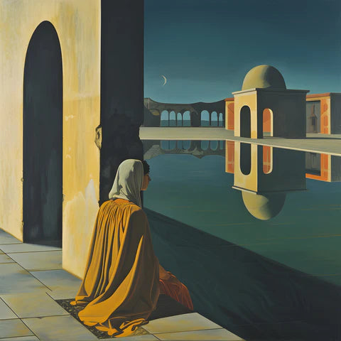 Artistic painting of a solitary figure in a golden robe sitting by a calm reflecting pool at twilight, with the silhouette of an arched building and a crescent moon in the background.