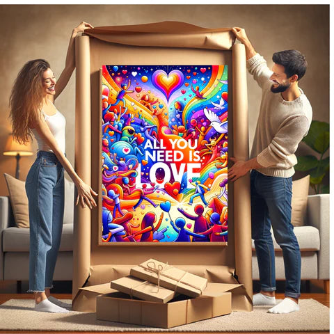 Joyful couple unveiling a vibrant, colorful canvas art with the message 'All You Need Is Love' amidst whimsical shapes and heart patterns, celebrating love in a playful, artistic expression.
