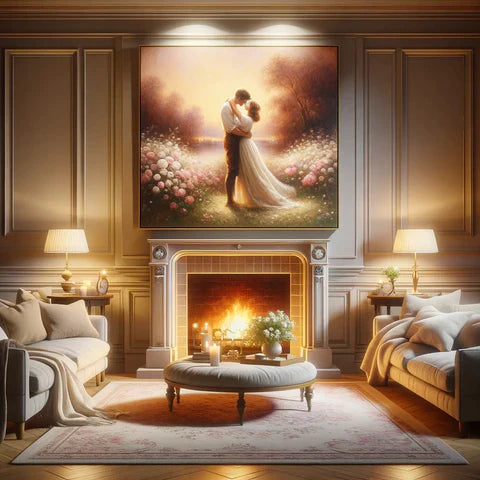 An elegant living room with a classic fireplace, illuminated by a gentle fire, adorned with a large painting above it that captures a couple in a tender embrace amidst a dreamy, flower-strewn landscape, creating an ambiance of romance and warmth.