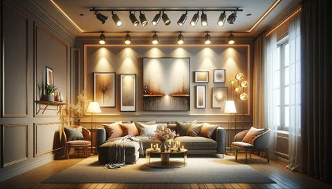 An inviting home interior showcasing a sophisticated arrangement of wall art illuminated by focused lighting, creating a warm ambiance in a space furnished with plush seating and elegant decor.