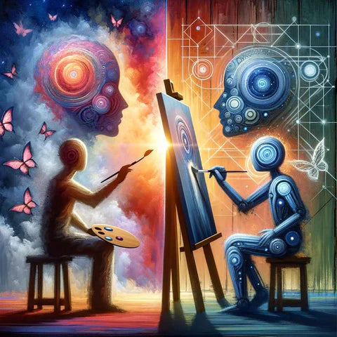 An abstract illustration showcasing the synergy between AI and human creativity in art, with a human artist and an AI entity, each painting cosmic-inspired canvases amidst a backdrop of stars and circuitry, surrounded by fluttering butterflies