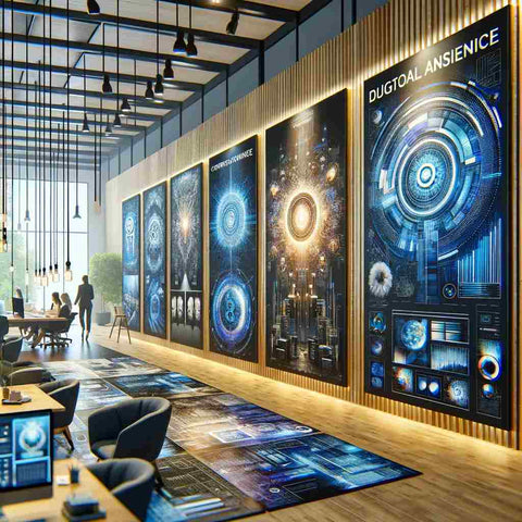 Modern office interior with custom-created digital artworks emphasizing corporate identity. Artworks integrate the company's logo and colors, symbolizing the company's ethos and mission, set in a stylish and contemporary workspace.
