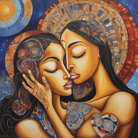 Vibrant painting depicting two women in a tender embrace, with ornate patterns and cosmic motifs adorning their attire, set against a celestial background with sun and moon symbols.