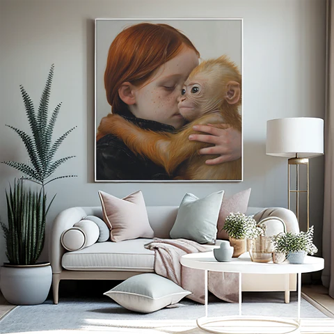 A modern and elegant living room, with a neutral color palette, adorned with a captivating art print of a tender moment between a red-haired child and a baby monkey, symbolizing innocence and friendship.