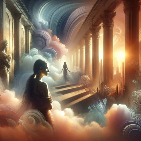 Mystical artwork portraying a woman gazing at a distant figure walking towards a radiant light, amidst surreal clouds and towering pillars, creating an atmosphere of wonder and ethereal beauty.