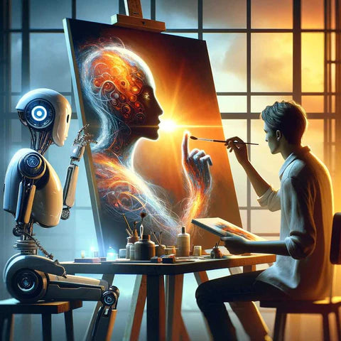 A captivating scene of collaboration between human and robot, as they paint an ethereal portrait together, with the robot observing and the artist adding delicate touches to a canvas illuminated by a dramatic backdrop of light through a large window.