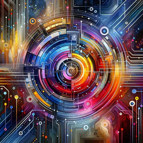 Vibrant abstract artwork featuring an intricate fusion of technology and color, representing a digital portal with concentric circles and electronic circuitry elements.