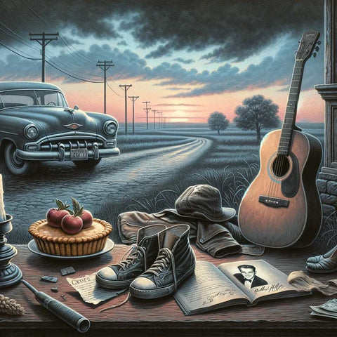 Evocative still life and landscape paying tribute to Buddy Holly, featuring a vintage guitar, personal items, and an open road under a twilight sky, symbolizing the enduring journey of his musical legacy.