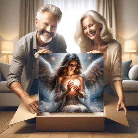 Happy mature couple unveiling a canvas print of an angelic figure cradling a glowing heart, showcasing a blend of celestial beauty and warmth in their cozy living room.
