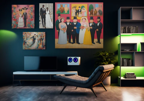 Modern gaming-themed living room with a vibrant art collage of wedding scenes hanging above a sleek media console, next to a stylish chaise lounge, illuminated by green ambient lighting.