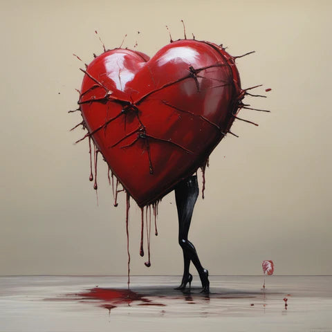 Provocative artwork featuring a large, glossy red heart bound with barbed wire and dripping with paint, juxtaposed with the slender legs of a person, creating a striking visual metaphor for the pain of love.