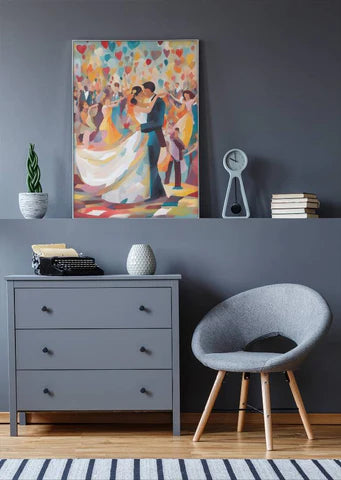 A modern room featuring a gray dresser and a comfortable gray chair, with a lively painting of a dancing couple at a party on the wall, adding a splash of color and joy to the minimalist decor.
