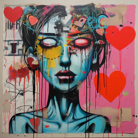 Urban street art-style painting showcasing a woman's face with vibrant splashes of pink and yellow, accented by graffiti elements and floating red hearts, conveying a mix of edginess and romance.