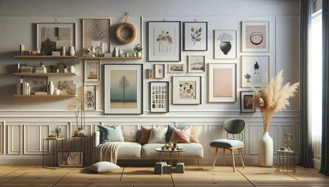 Cozy and stylish living room interior with an eclectic wall art gallery, featuring a harmonious blend of botanical prints, abstract shapes, and landscape art, complemented by modern furniture and warm, natural decor elements