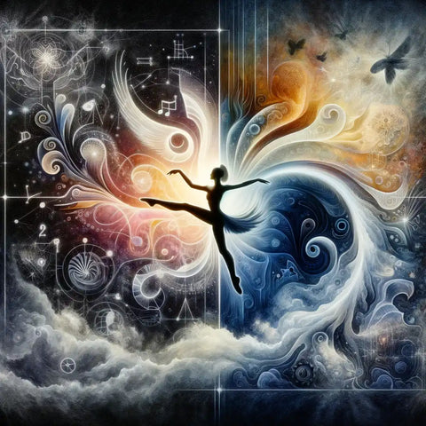 Surreal art with a dancer among cosmic swirls, celestial bodies, and esoteric symbols, depicting harmony between universe and movement