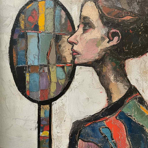 Abstract textured painting depicting a profile of a woman gazing into a colorful mosaic mirror, reflecting fragmented pieces of her identity.