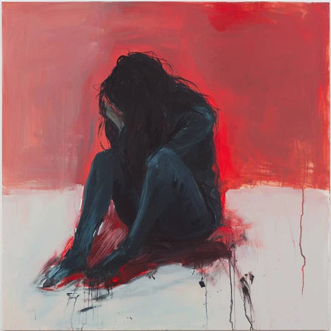 Emotive artwork featuring a solitary figure sitting against a stark red backdrop, evoking a sense of introspection and the complexity of human emotions.