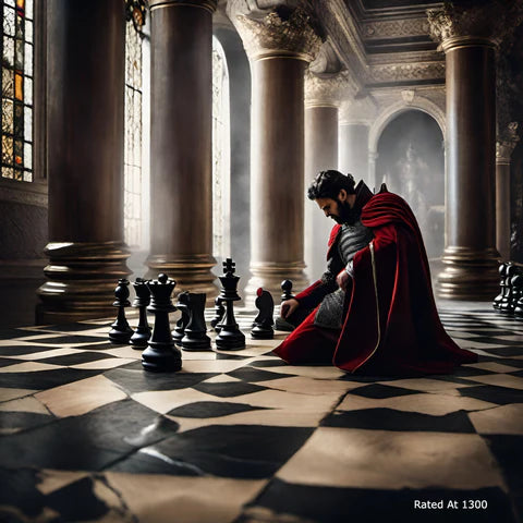 Dramatic image of a person in a regal red cloak pondering a move in a life-sized chess game, set within a grand hall of pillars and checkered floors, with sunlight streaming through the windows, evoking a sense of strategy and contemplation.