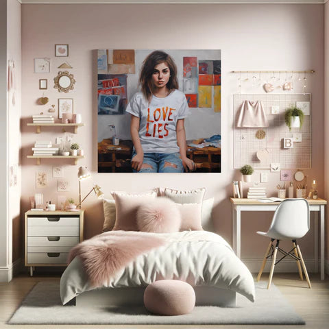 Chic and cozy bedroom interior featuring a large poster of a pensive woman in a 'Love Lies' t-shirt above the bed, surrounded by stylish decor, floating shelves, and a neat workspace.