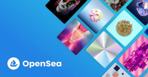 Collage of diverse digital assets including art, photography, and other collectibles on the OpenSea NFT marketplace platform, set against a vibrant blue background.