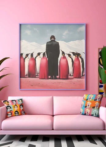"Contemporary living space with a whimsical touch, featuring a bright pink sofa accented with playful character cushions, set against a soft pink wall adorned with an intriguing painting of penguins in human attire.