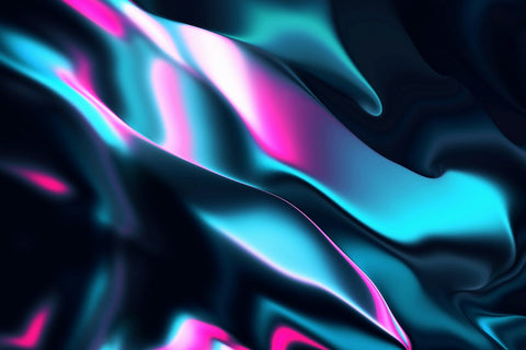 Abstract digital art with a fluid composition of neon pink and electric blue hues swirling through a sea of black, creating a mesmerizing, dynamic texture.