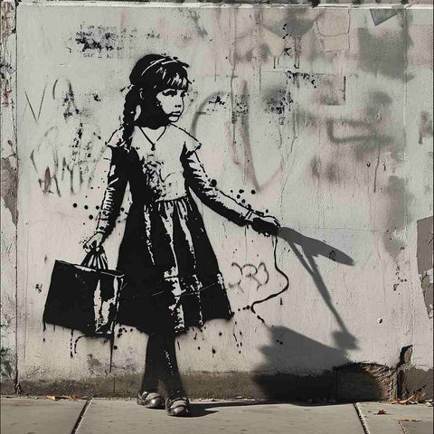 Street art stencil of a young girl in a dress holding a briefcase and extending her other arm, casting a heart-shaped shadow on the urban concrete wall behind her