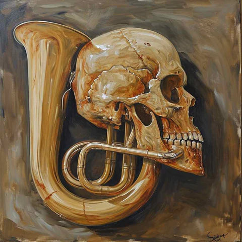 An evocative painting featuring a human skull seamlessly merging with a brass tuba, blending elements of life and music, suggesting a surreal connection between art and mortality."