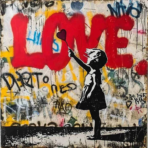 Street art-inspired canvas depicting a childlike figure reaching out towards the word 'LOVE' spray-painted in bold, red letters on a weathered wall, symbolizing innocence in contrast with the graffiti-strewn backdrop.