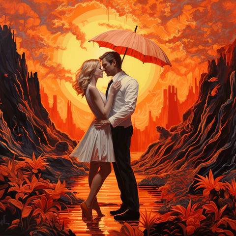 Romantic painting of a couple embracing under a red umbrella, set against a fiery landscape with a vivid orange and red sky, reflecting a surreal, warm climate that enhances the passion of the scene