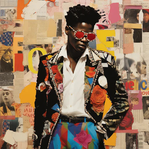 Stylish collage portrait of a young man in a floral jacket and red sunglasses with a backdrop of mixed media clippings, exuding a modern, eclectic fashion vibe.