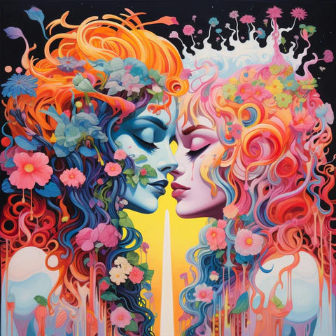 Vibrant painting of two figures with floral and fauna motifs, their faces in close profile against a psychedelic background, symbolizing a surreal and colorful connection.