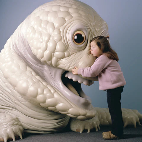 A young girl embracing a large, fantastical creature with intricate textures and a tender expression, creating a surreal yet heartwarming scene that blurs the line between the real and the imagined.