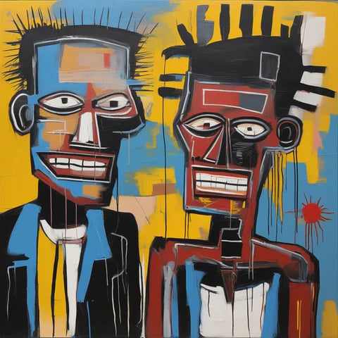 Vibrant abstract painting featuring two stylized figures with exaggerated features, set against a backdrop of dynamic, bold colors, capturing a raw and expressive urban energy."