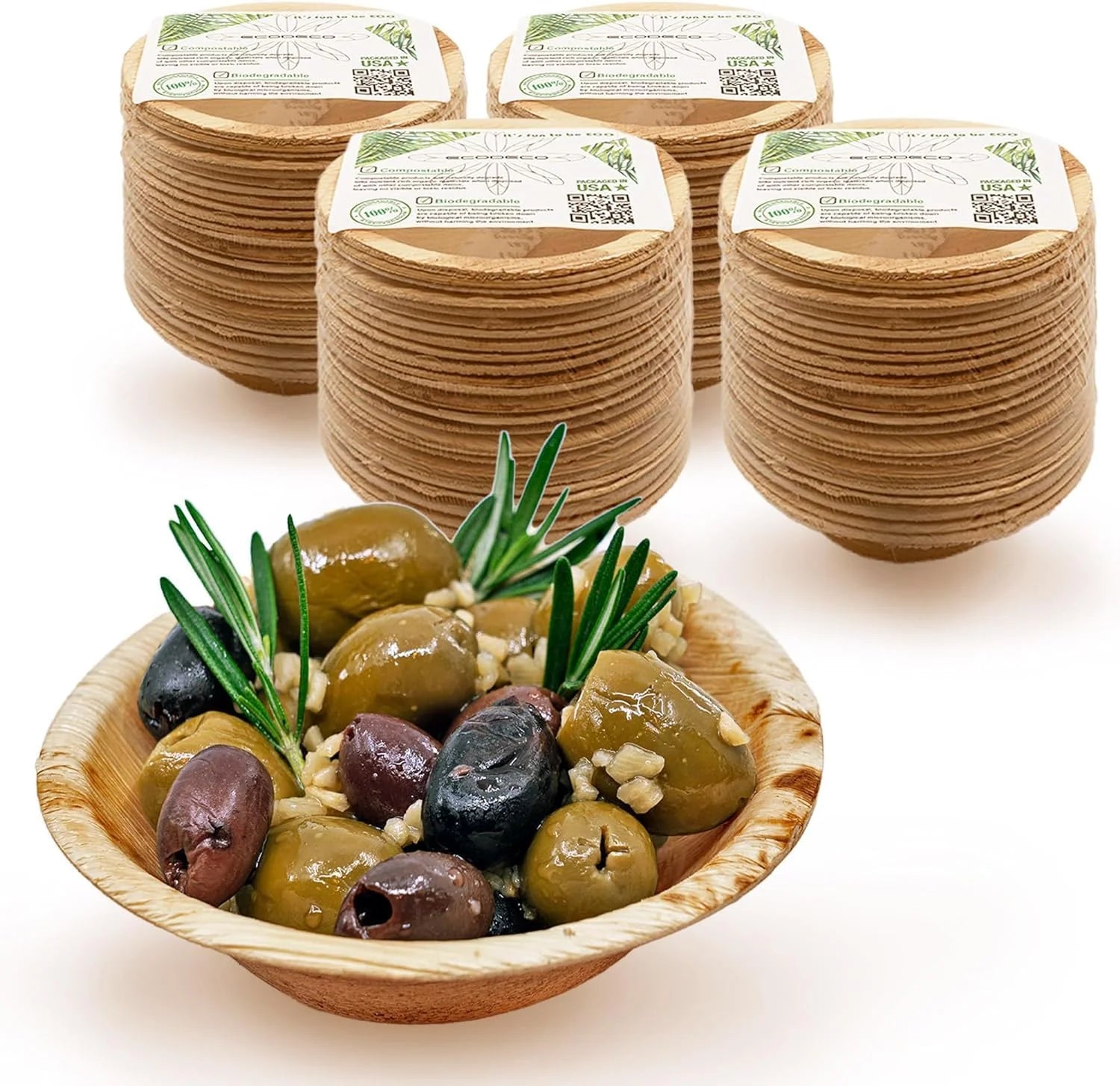 4-Inch Palm Leaf Round Bowls – 100-Pack Mini Eco-Friendly Disposable Party Bowls