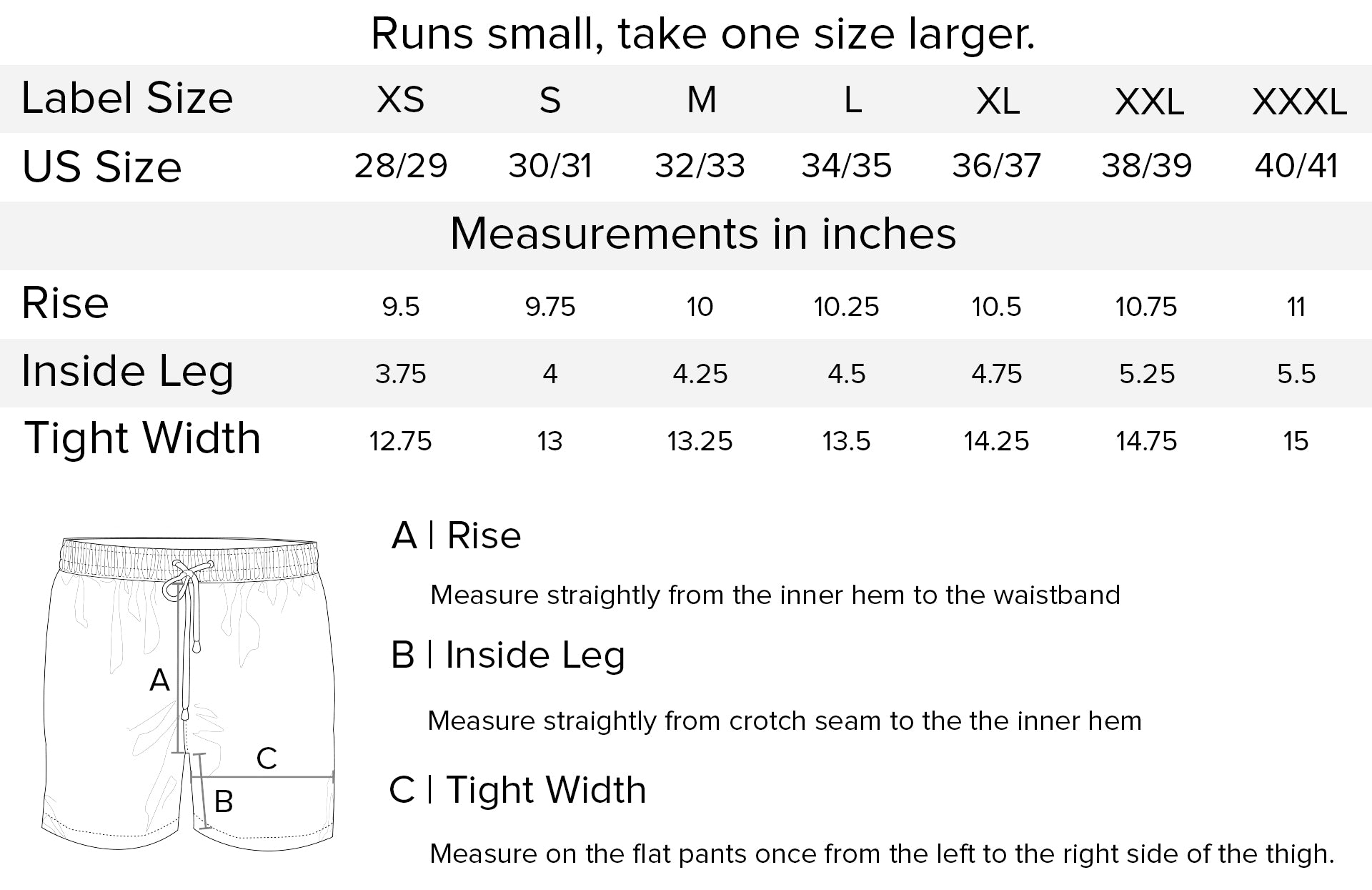 Fedeli swim shorts measurements chart