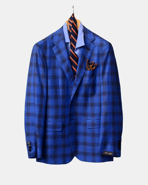 SARTORIO NAPOLI BY KITON BLUE PLAID WOOK SILK LINEN SLIM BLAZER JACKET NEW