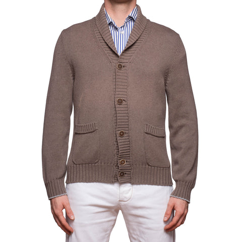 BRUNELLO CUCINELLI Brown Cotton Knitted Shawl Collar Cardigan Sweater ...
