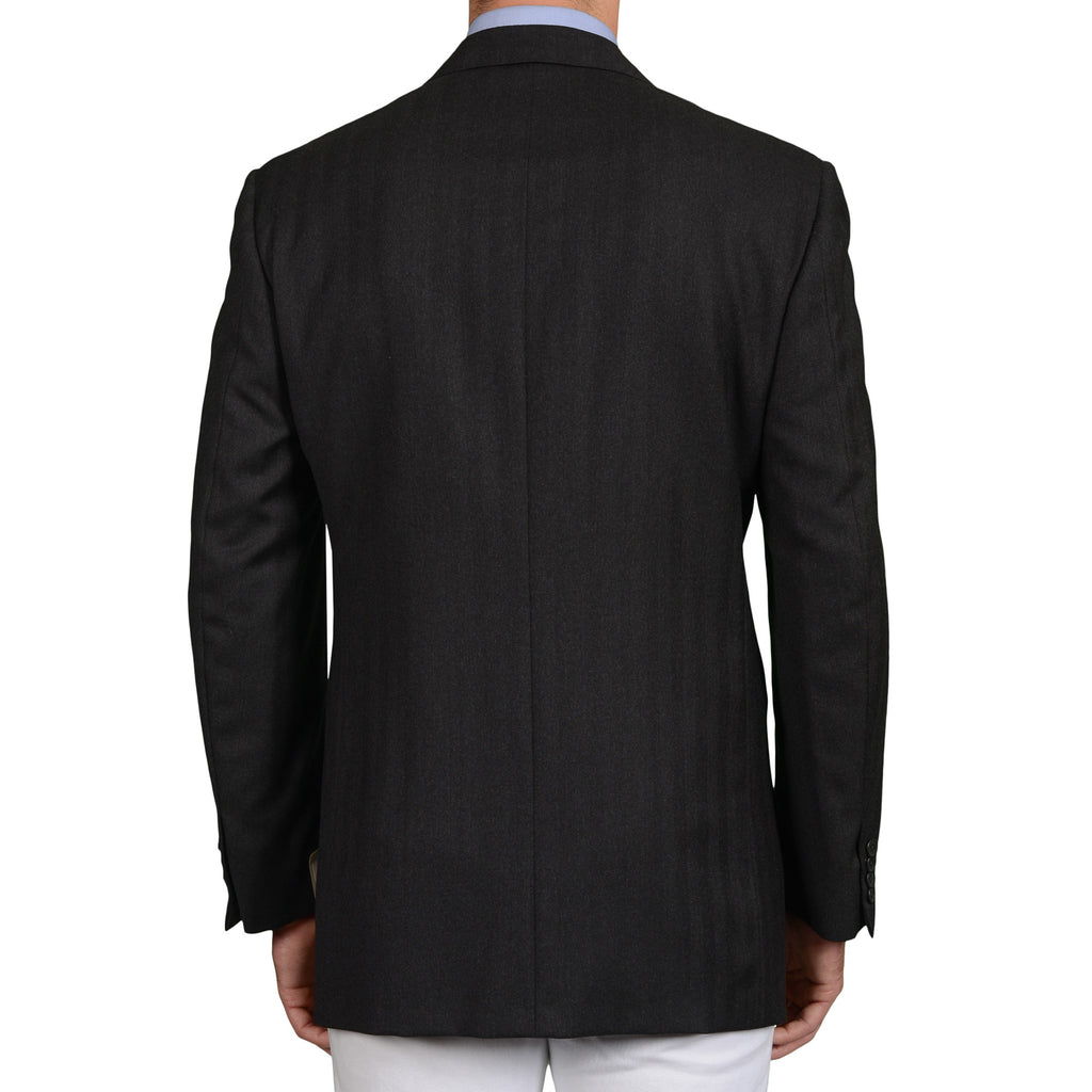 D'AVENZA Roma Handmade Gray Herringbone Wool Peak Lapel Jacket EU 52 N ...