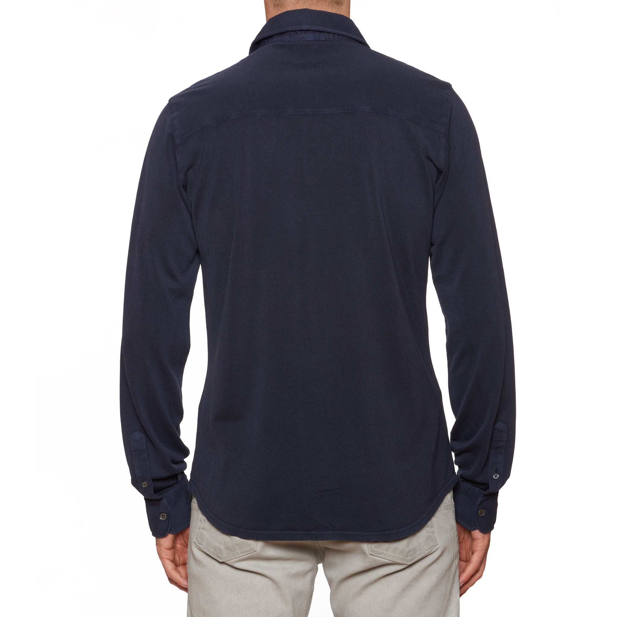 FEDELI Solid Dark Blue Cotton Pique Long Sleeve Polo Shirt EU 50 NEW US M